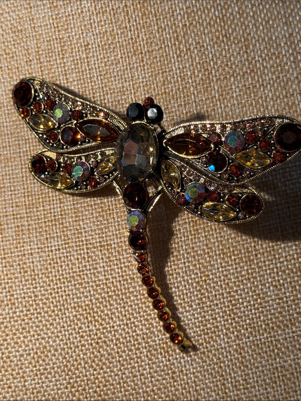 Crystal Dragonfly Brooch in Dark Amber and Gold